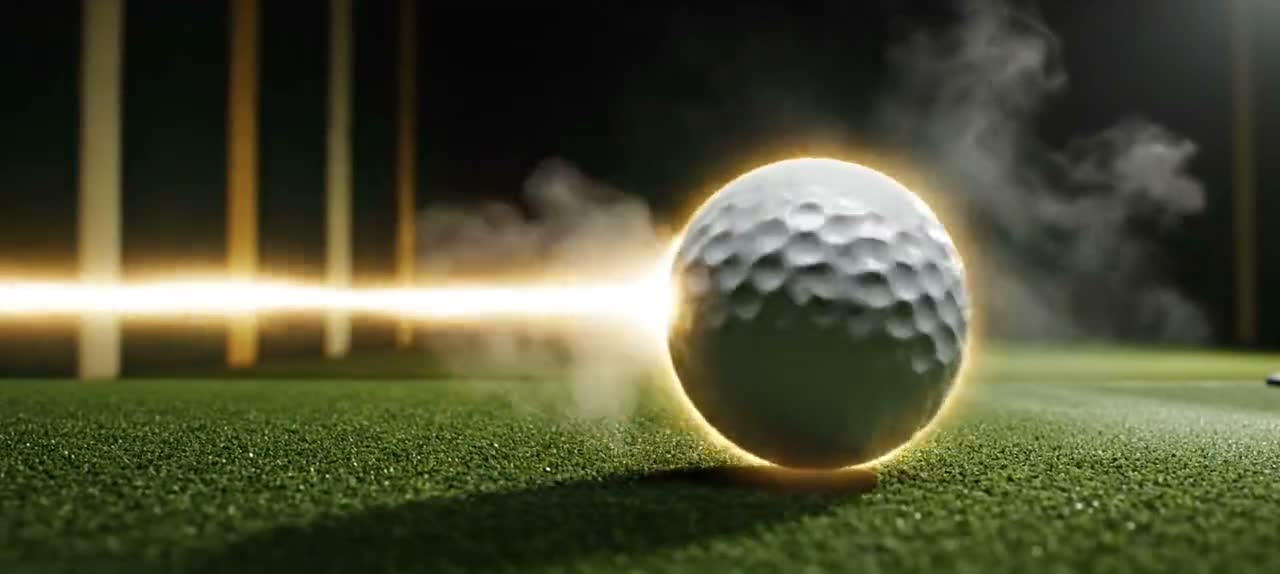 A golf ball on turf in a darkened hitting bay, lit by a warm gold streak as it is struck.